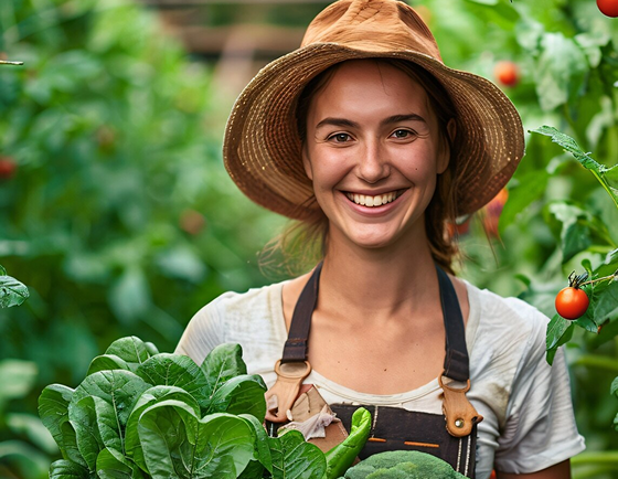 campesina sosteniendo vegetales sonriente